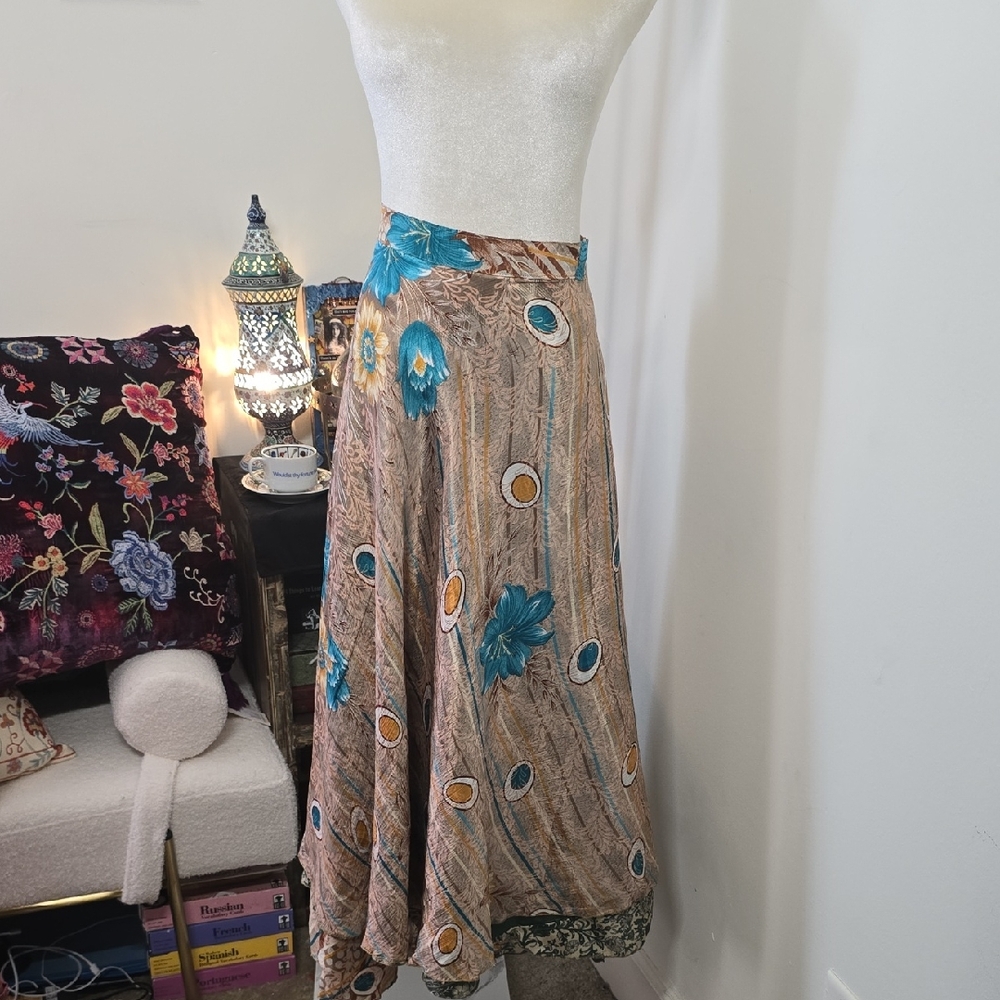 Reversible Bohemian Floral Sari Silk Maxi Wrap Skirt